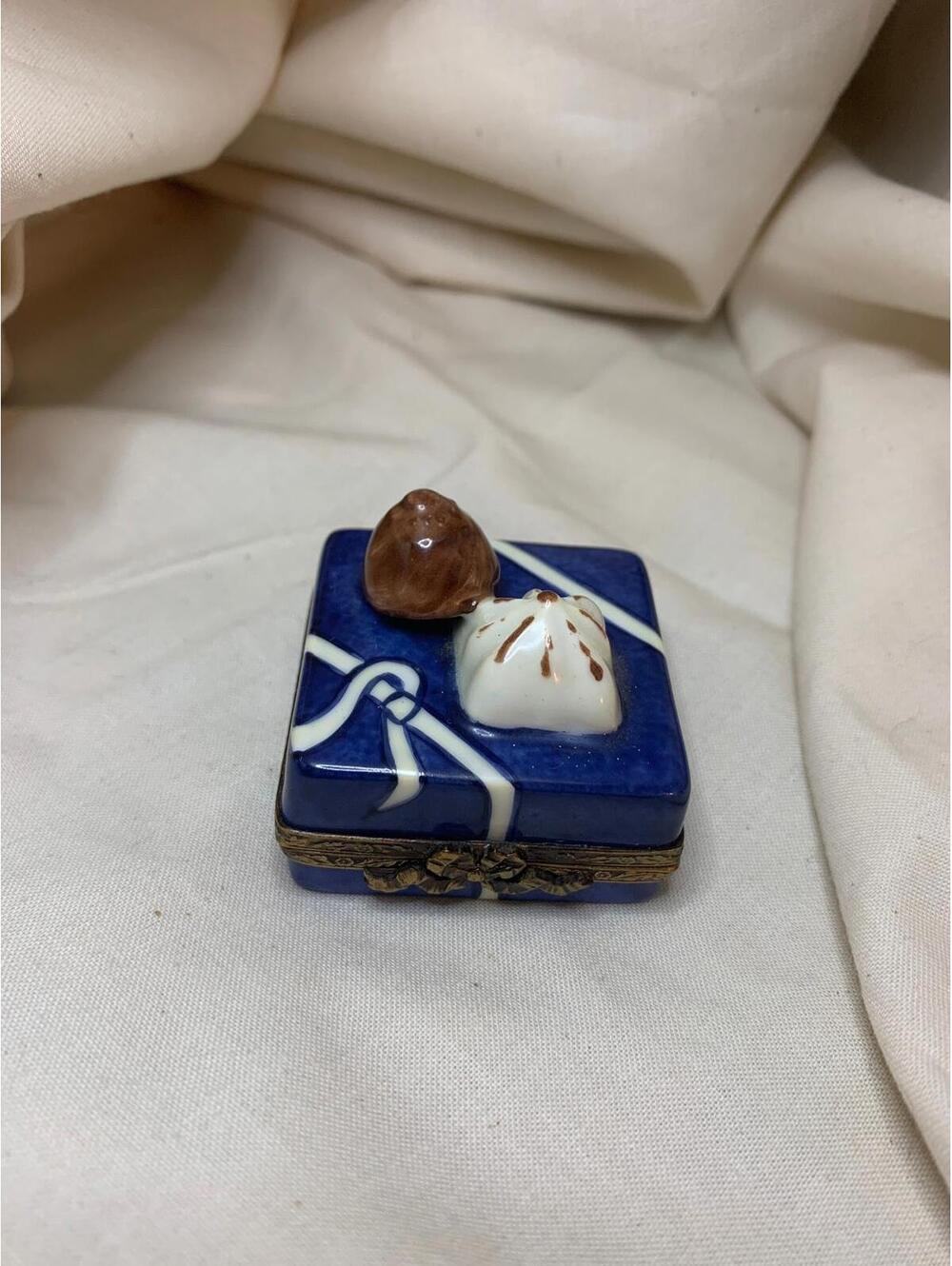 Vintage Limoges Blue Square Candy Dessert Box Hinged Porcelain Box